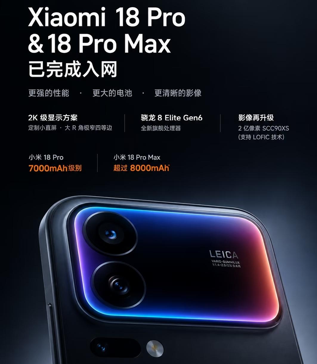 小米18 Pro与18 Pro Max已经完成入网，多项重磅配置曝光。新机搭载骁