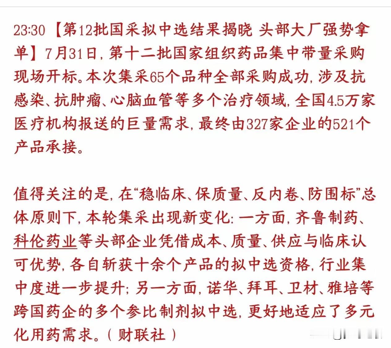 医药板块利好消息周末来了，消费真的要起飞了第12批药品集采全部竞标落地，政策遏制