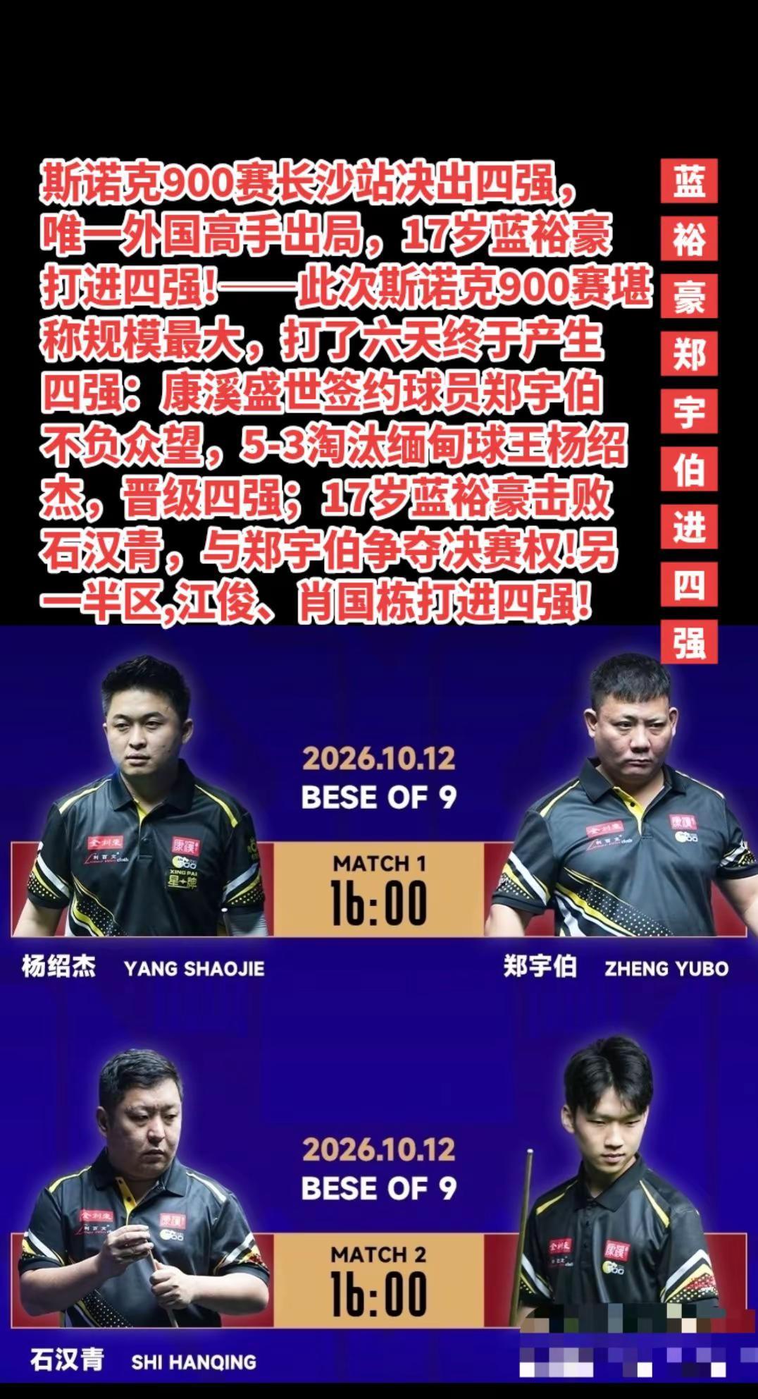 蓝裕豪郑宇伯晋级四强。斯诺克900
