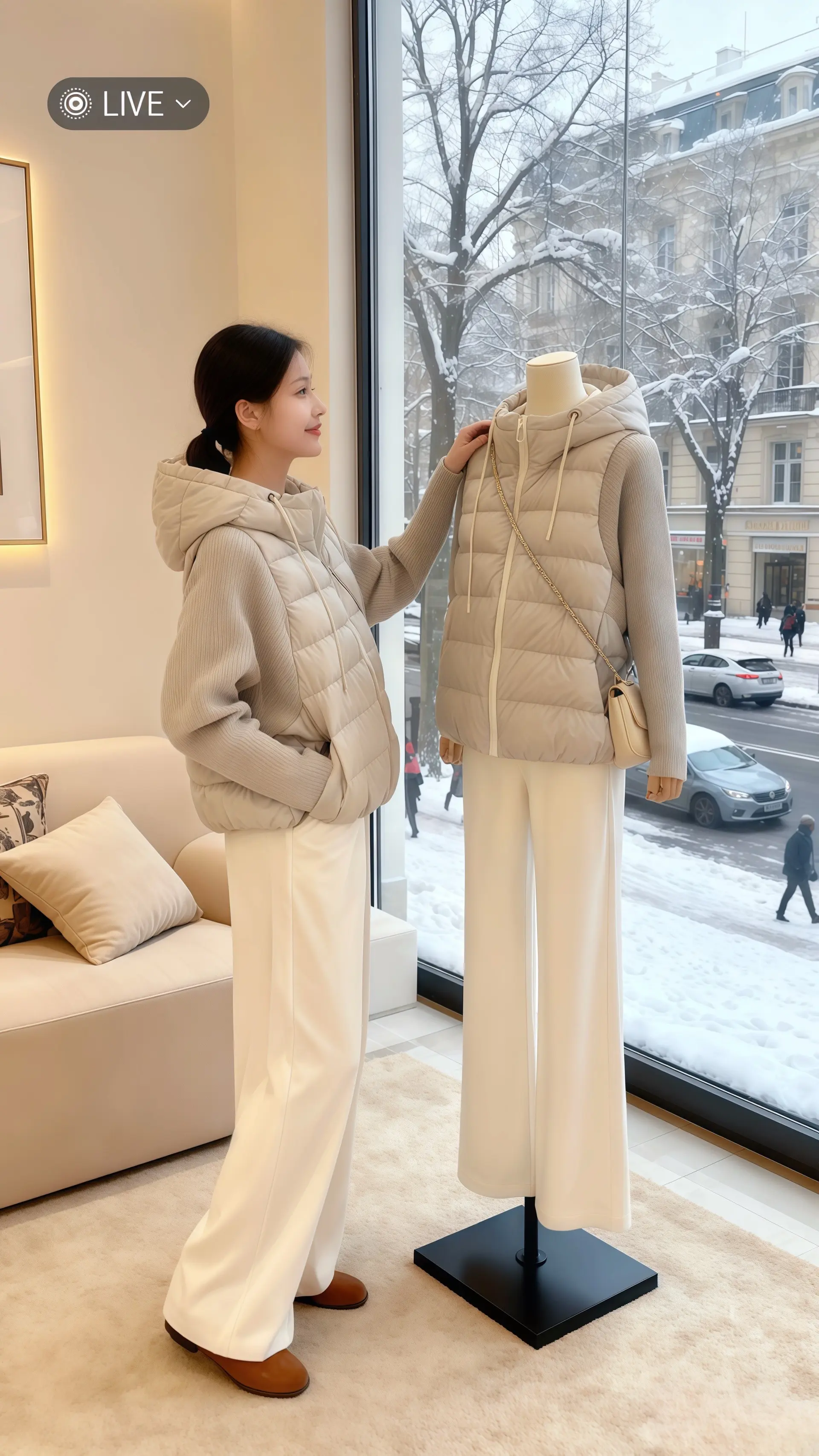 她穿着冬季新款针织假两件拼接棉服外套，柔和的米色调在暖光下更显质感，针...