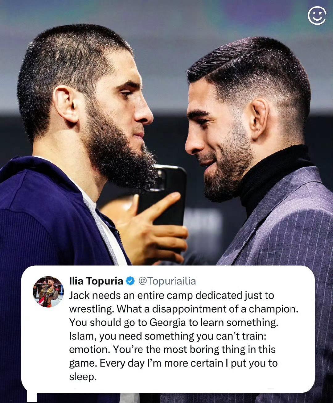 “斗牛士”伊利亚·托普里亚（Ilia Topuria）叫阵“马王”伊斯...