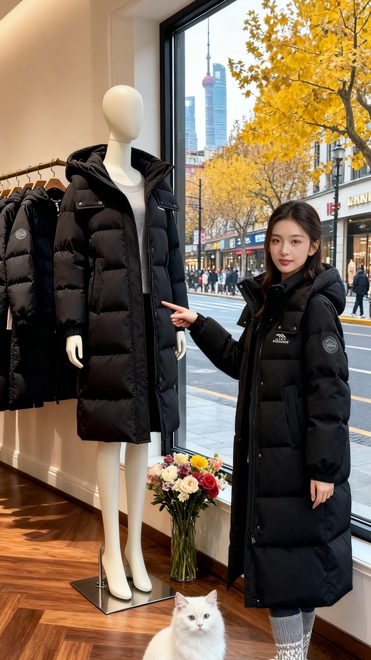 今年特别流行这种长款的羽绒服，我身上这件是新买的，真的太喜欢了！它是那种很高级的