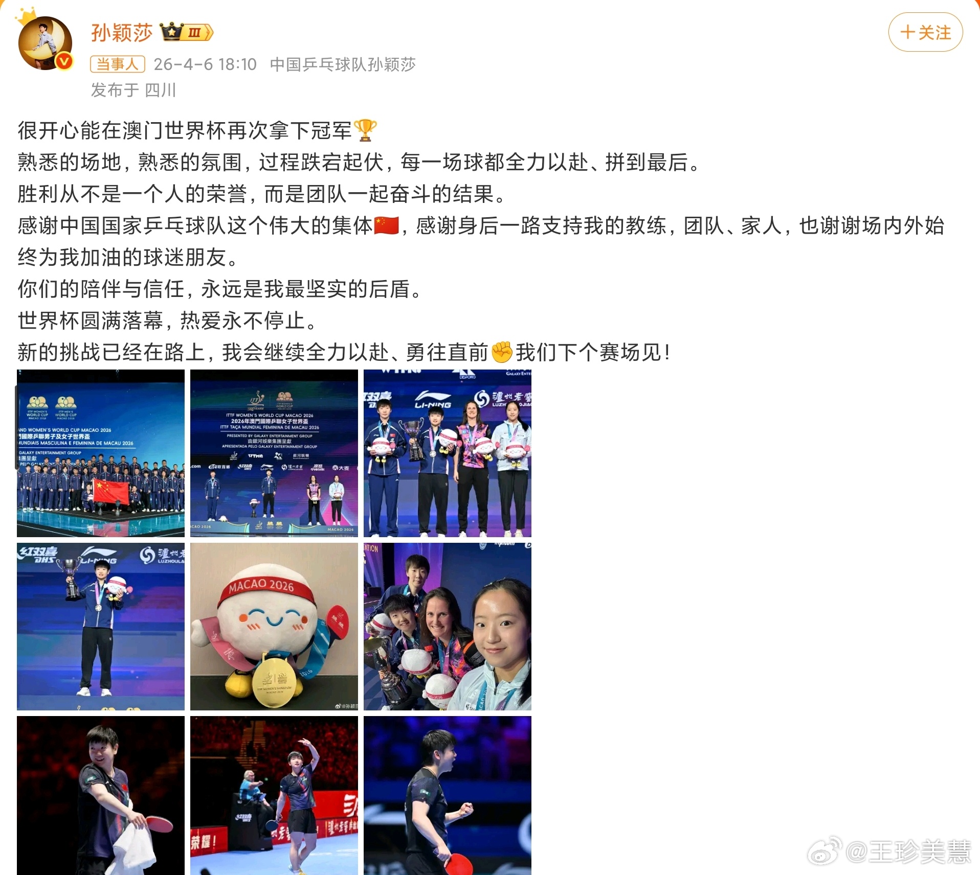 孙颖莎长文总结世界杯莎莎你是最棒的