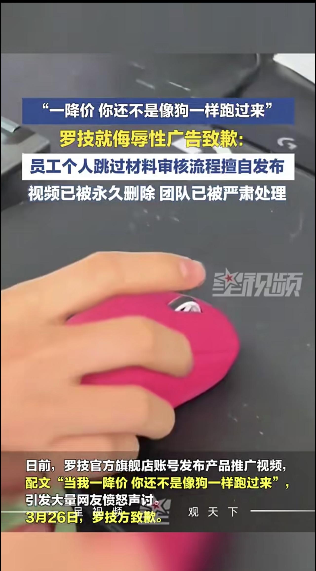 “一降价你还不是像狗一样跑过来” 
罗技就侮辱性广告致歉: 
员工个人跳过材料审