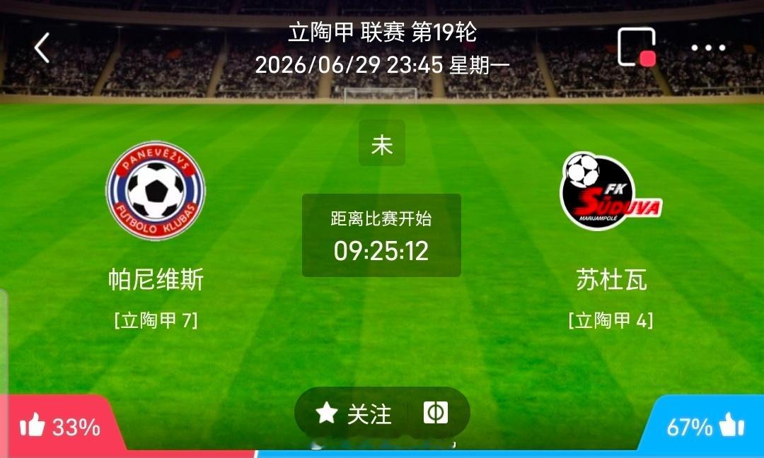 【足球】周一立陶甲方向：帕纳瓦兹vs苏杜瓦立陶甲：帕纳瓦兹VS苏杜瓦时间：202