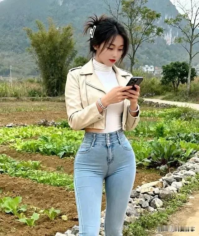 田园风穿搭，牛仔与皮衣的完美结合，轻松自在。🌿性感紧身牛仔裤