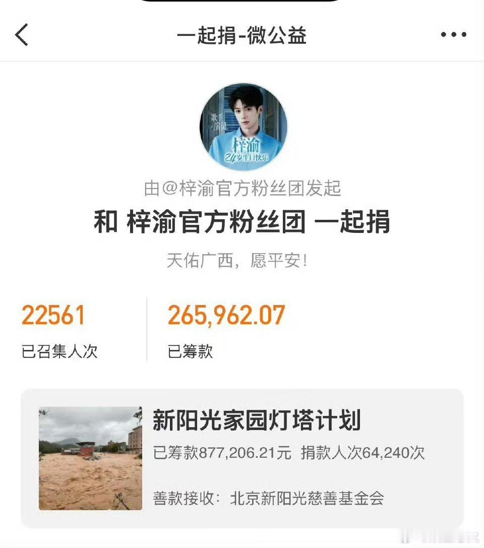 梓渝捐赠驰援广西 2026年7月，广西因台风“美莎克”遭遇严重洪涝灾害，艺人梓渝