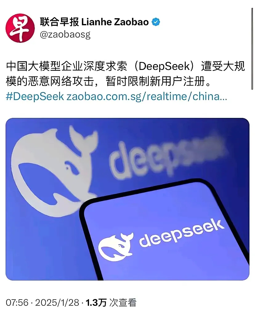 DeepSeek 遭受到来自美国网络多路大军的疯狂围攻，经360周鸿祎证实，从本