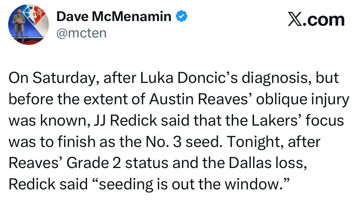 雷大神：排名已经不重要了 周六，在东契奇确诊伤情之后、但里夫斯斜肌伤势严重程度尚