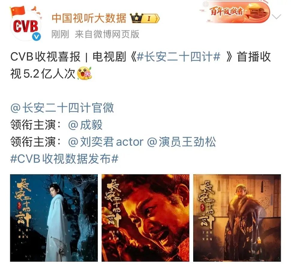cvb发布成毅长安二十四计首播收视5.2亿人次 
