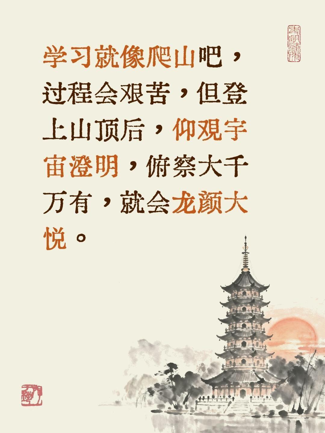 学习就像爬山吧，过程会艰苦，但登上山顶后，仰观宇宙澄明，俯察大千万有，就会龙颜大