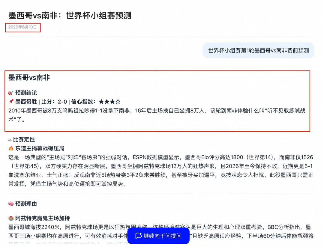世界杯揭幕战改写赛事预测逻辑，玄学退场，数据科学登场。墨西哥2:0南非，比分、红