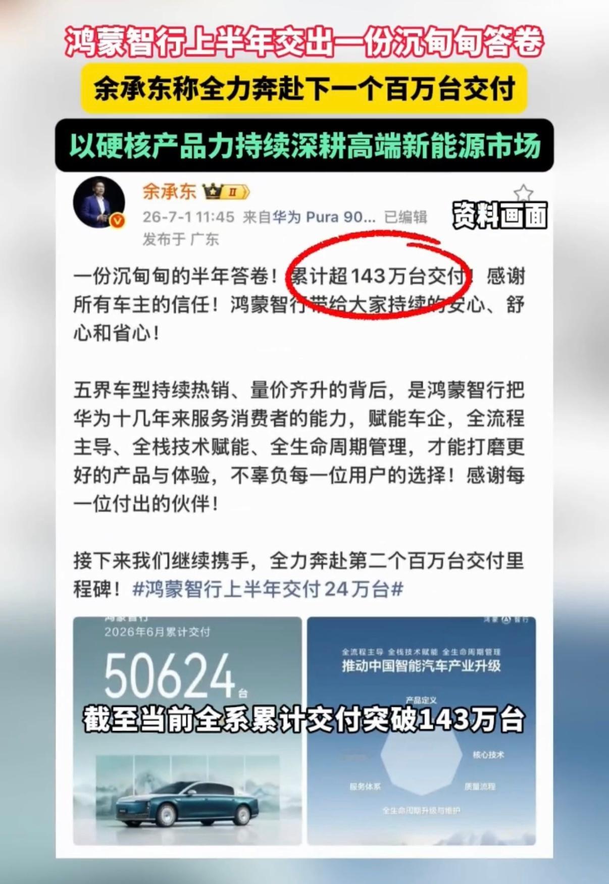 余承东称全力奔赴下一个百万台交付鸿蒙智行全系累计交付突破143万台刷新国内新势力