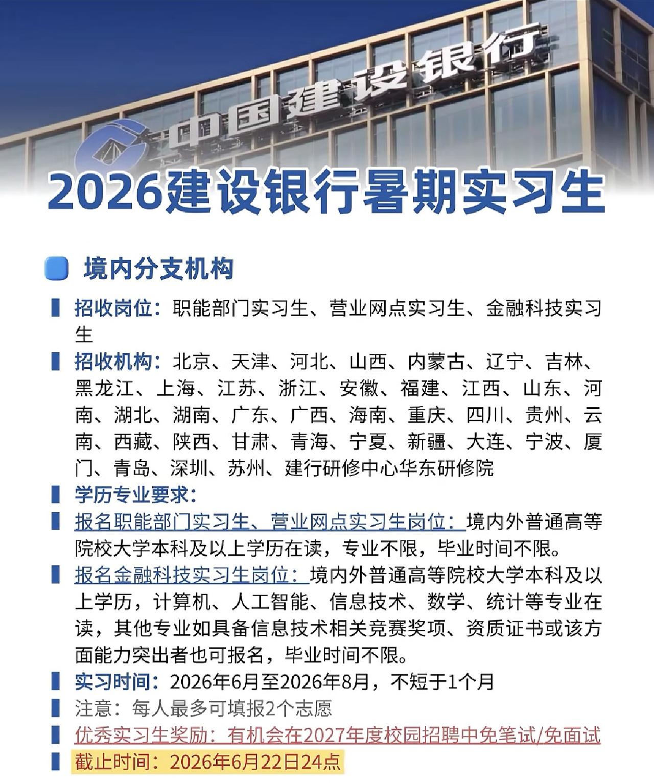 同学们，2026建设银行暑期实习生招聘开始了！建设银行作为国有四大行之一，平台大