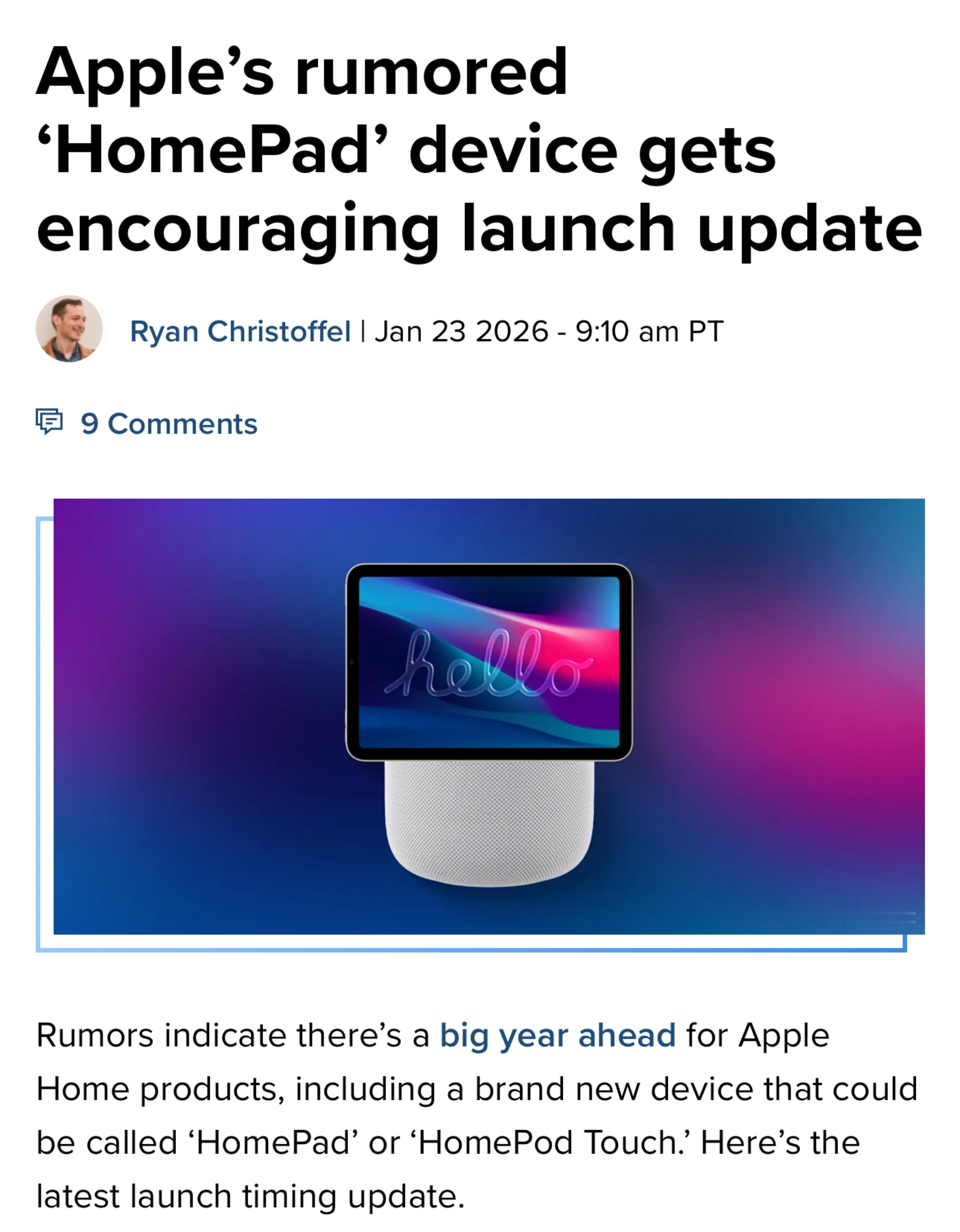 有爆料称苹果今年会发布一款智能家居新品，可能是带触控屏幕的 HomePod预计会