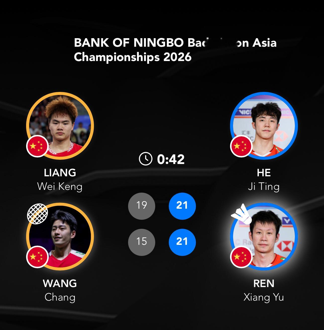 梁王组合 梁王加油  -比赛结果-2026亚洲羽毛球锦标赛1/4赛梁伟铿/王昶V