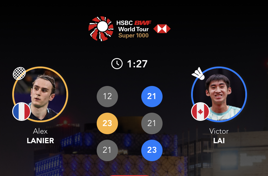 【⏰87分钟】赖浩俊🇨🇦 21-12、21-23、23-21 🇫🇷拉尼尔