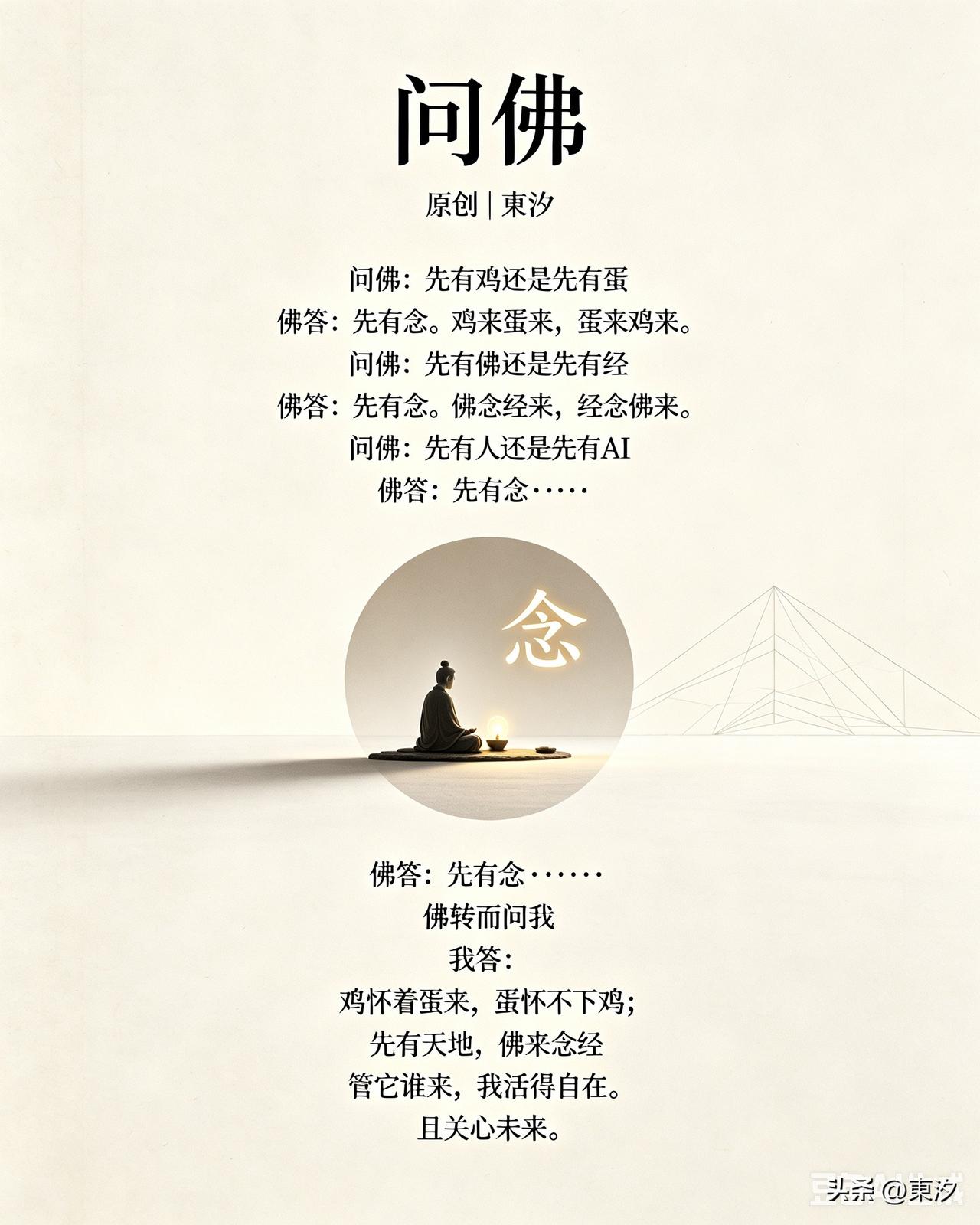 《问佛》
   原创 | 東汐

问佛
问佛：先有鸡还是先有蛋
佛答：先有念。鸡