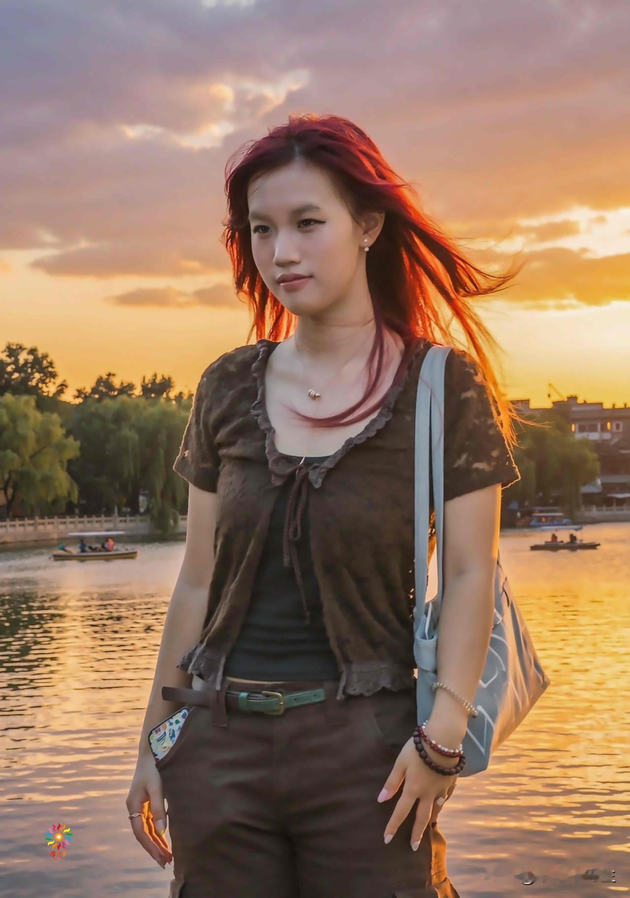 落日漫过湖面，晚风吻过红发，
在黄昏里，与一场温柔不期而遇。

原创作品.禁止盗