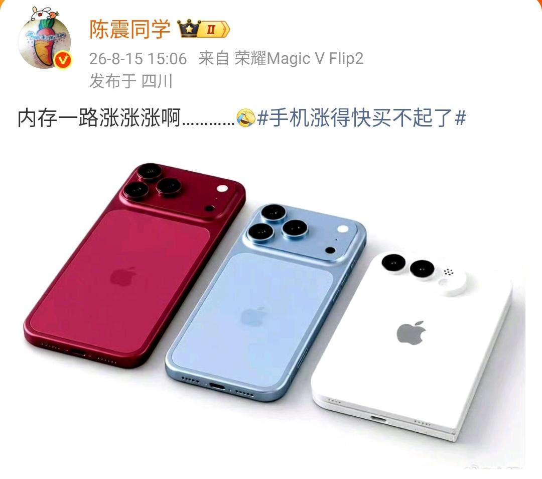 陈震：内存一路涨涨涨啊…………[允悲]手机涨得快买不起了  ​​​

关键是手机