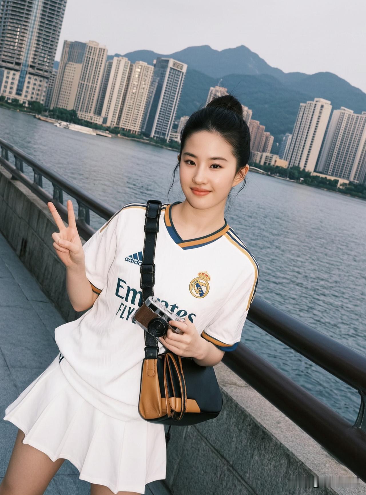 什么年龄段的女人最有女人味? 女孩在河边比出V字手势，笑容甜美。