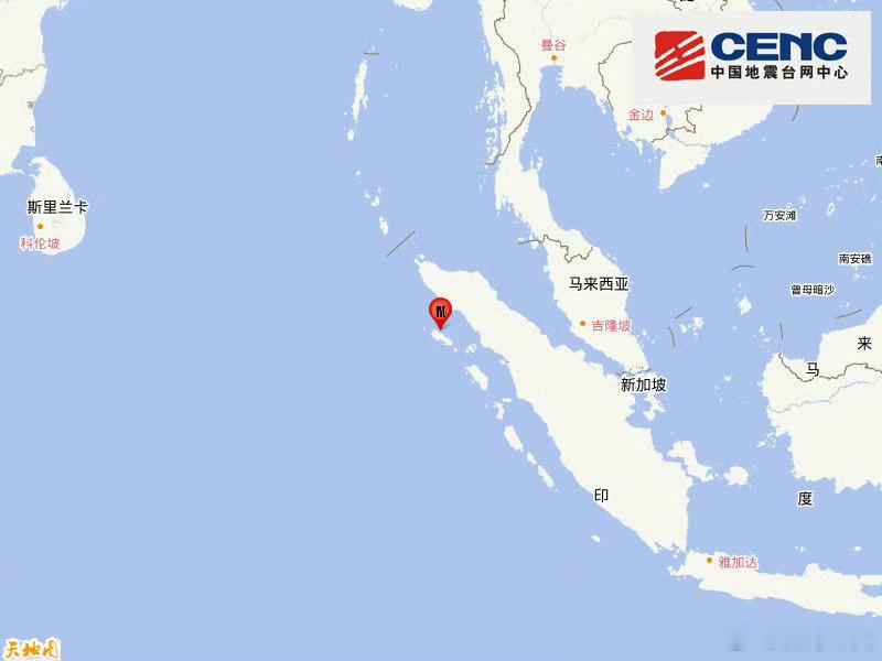 地震快讯中国地震台网正式测定：11月27日12时56分在印尼苏门答腊岛北部海域（