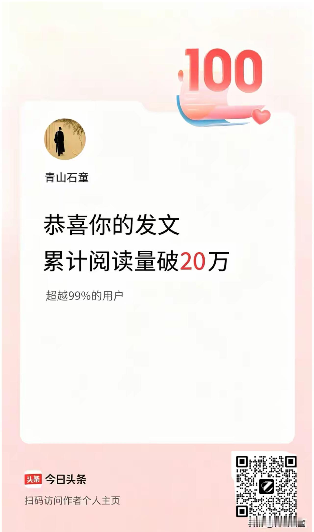 🤝我在头条累计获得阅读量破20万啦！