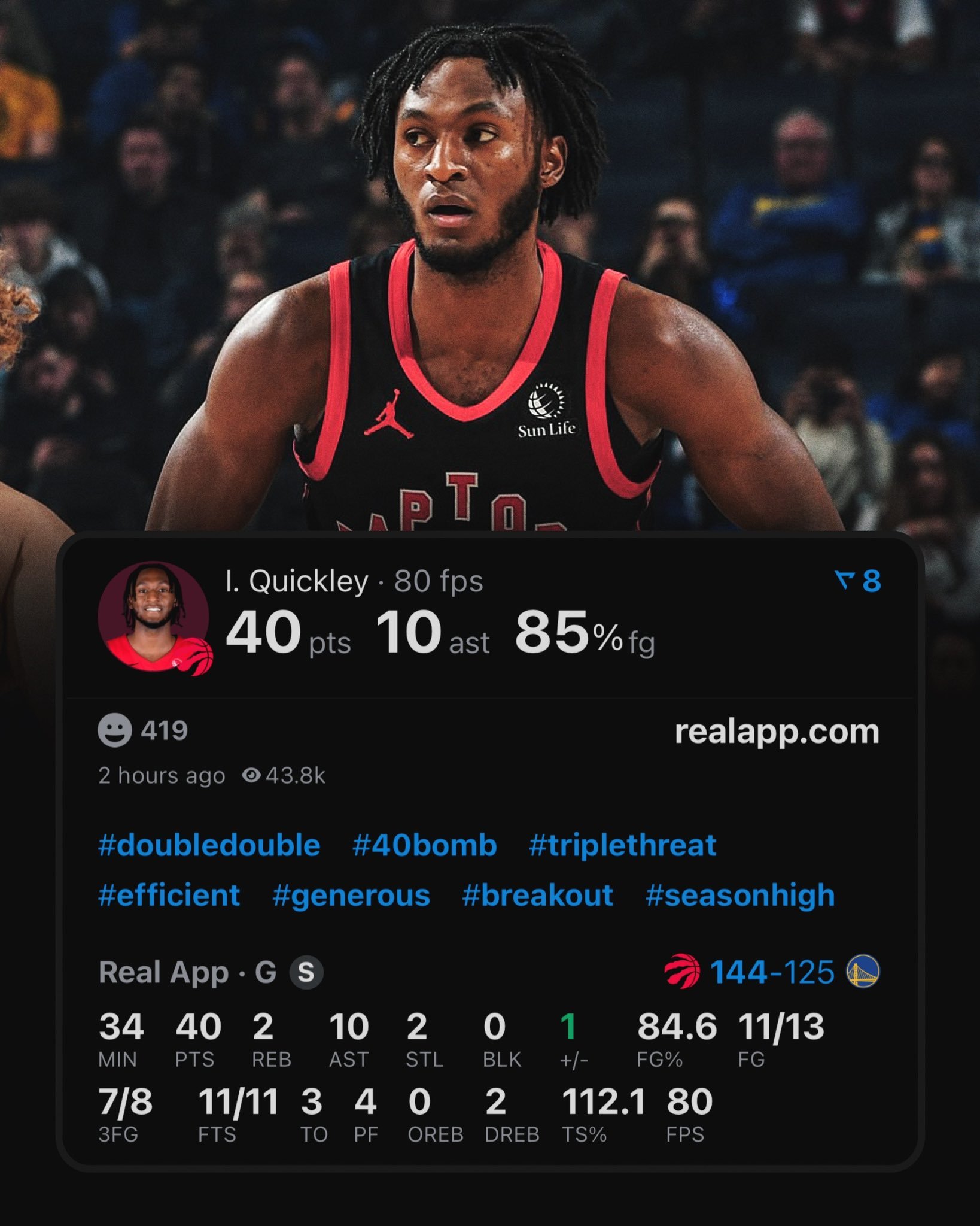 勇士背靠背第二场被猛龙狂屠，巴特勒倒下的第一场遭遇当头一棒。时隔16场比赛、整整