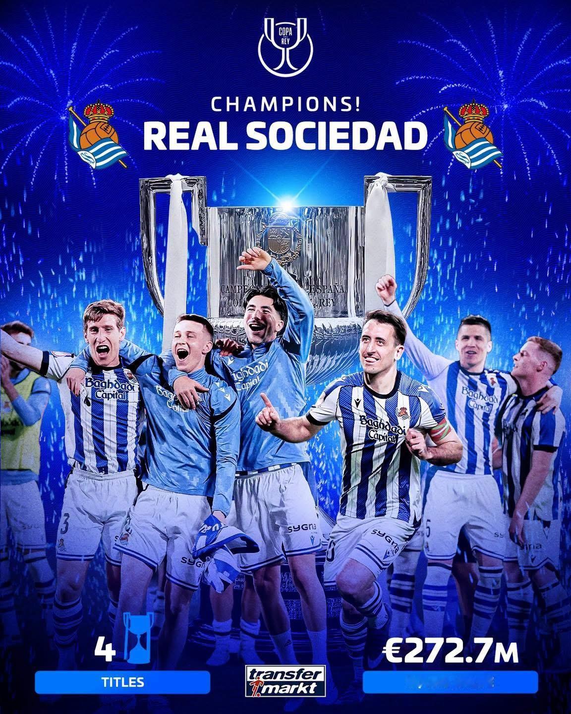 皇家社会点球大战击败马竞，拿下第四个国王杯冠军！