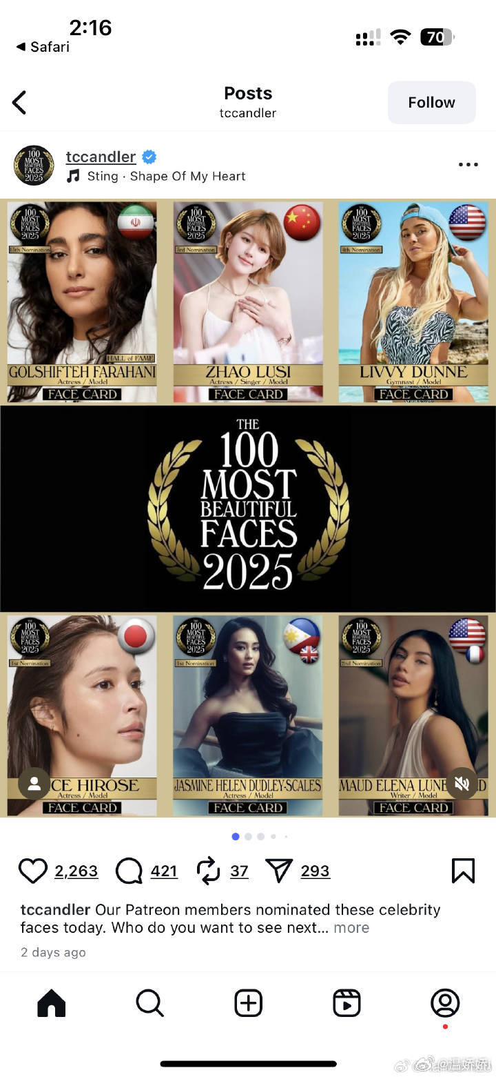 露思入选世界前一百美了，TC Candler，现在是提名阶段，12月份投票开启。