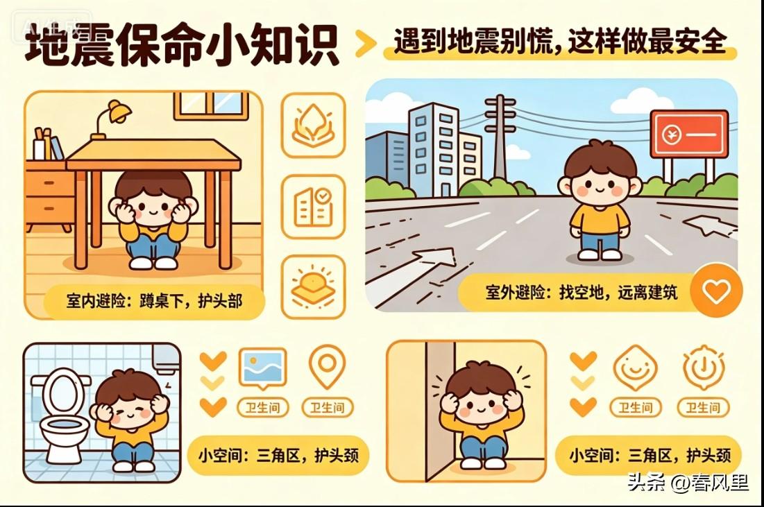 地震保命小知识｜遇到地震先别慌！这样做最安全
 
地震来袭，记住伏地、遮挡、手抓