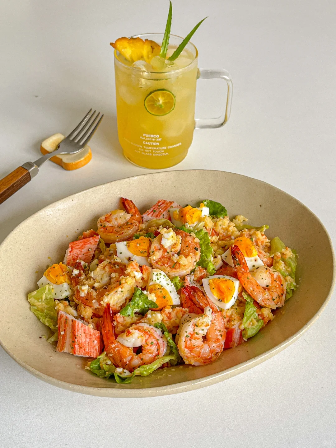 低卡料理🍤生菜虾仁土豆泥沙拉🥗菠萝绿茶🍵