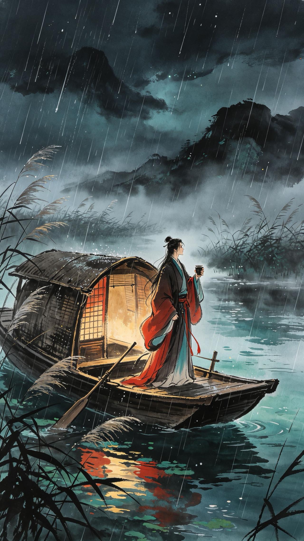 短棹孤舟载酒行，
江湖夜雨暗归程。
篷窗半掩听萧瑟，
      
…………请师