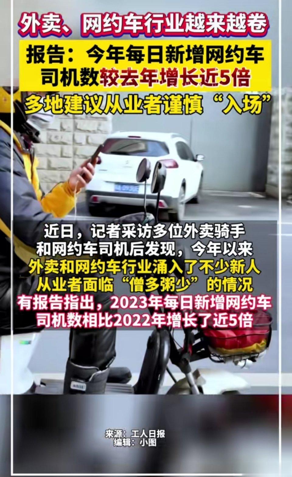 外卖、网约车行业越来越卷，今年每日新增网约车司机数较去年增长近5倍，订单越来越少