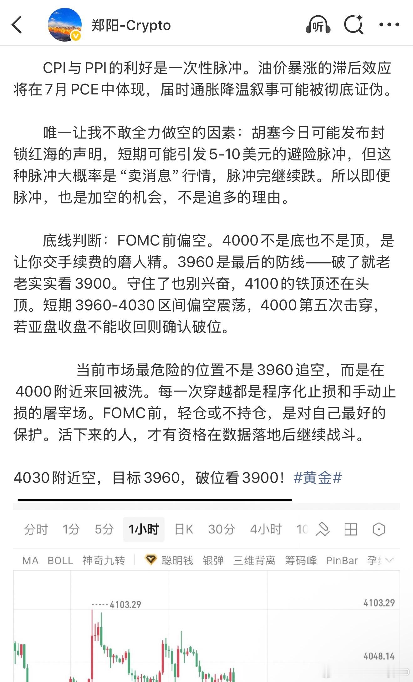 XAU，有依据就是这么见效，4030下方空，跌至4203，25个点，稳利！黄金