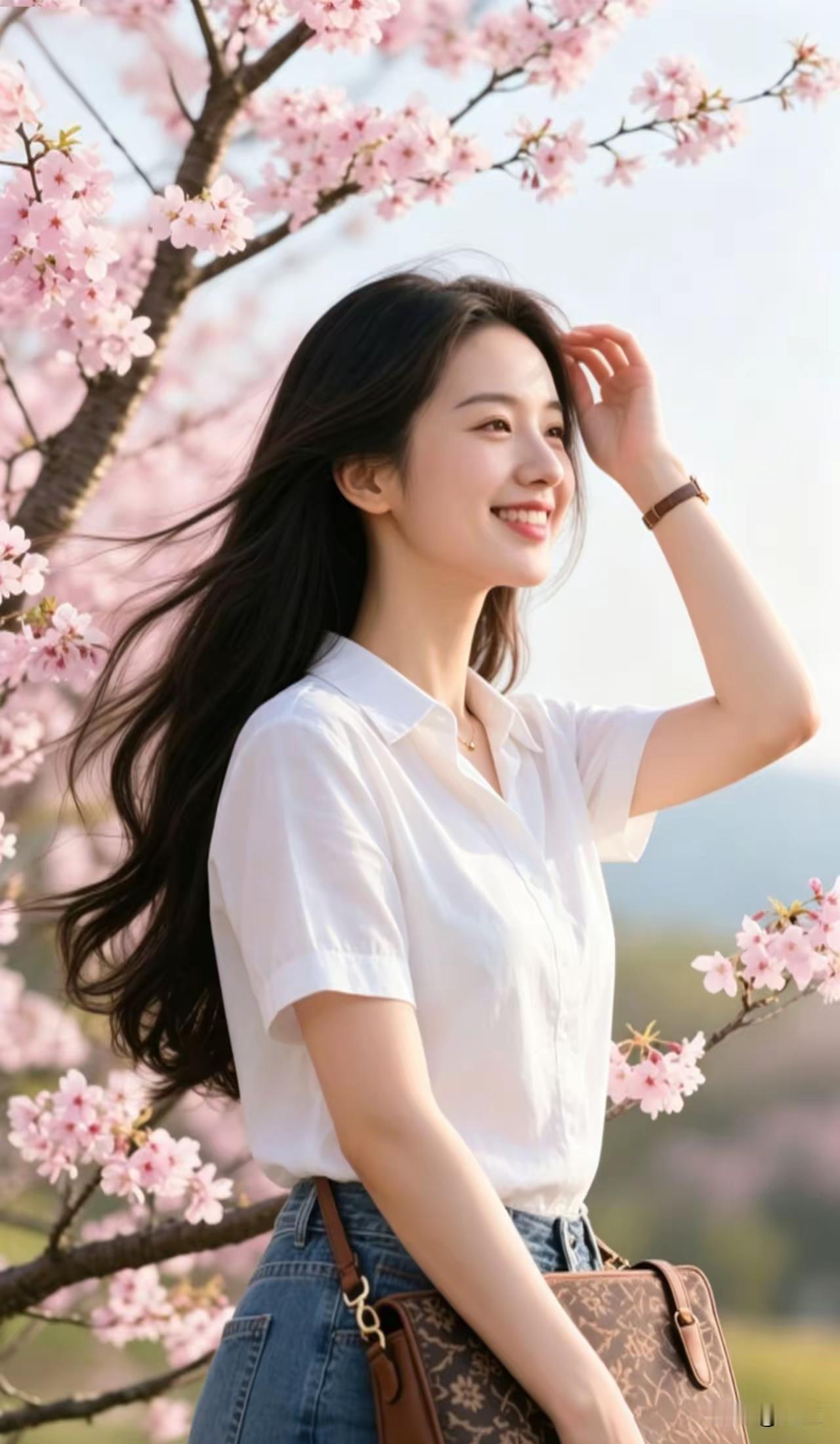 塞鸿秋·樱堤晴立 
晴风摇落樱绯碎，
素衣如雪凝清辉。
柔鬟轻拂花影媚，
轻衫映