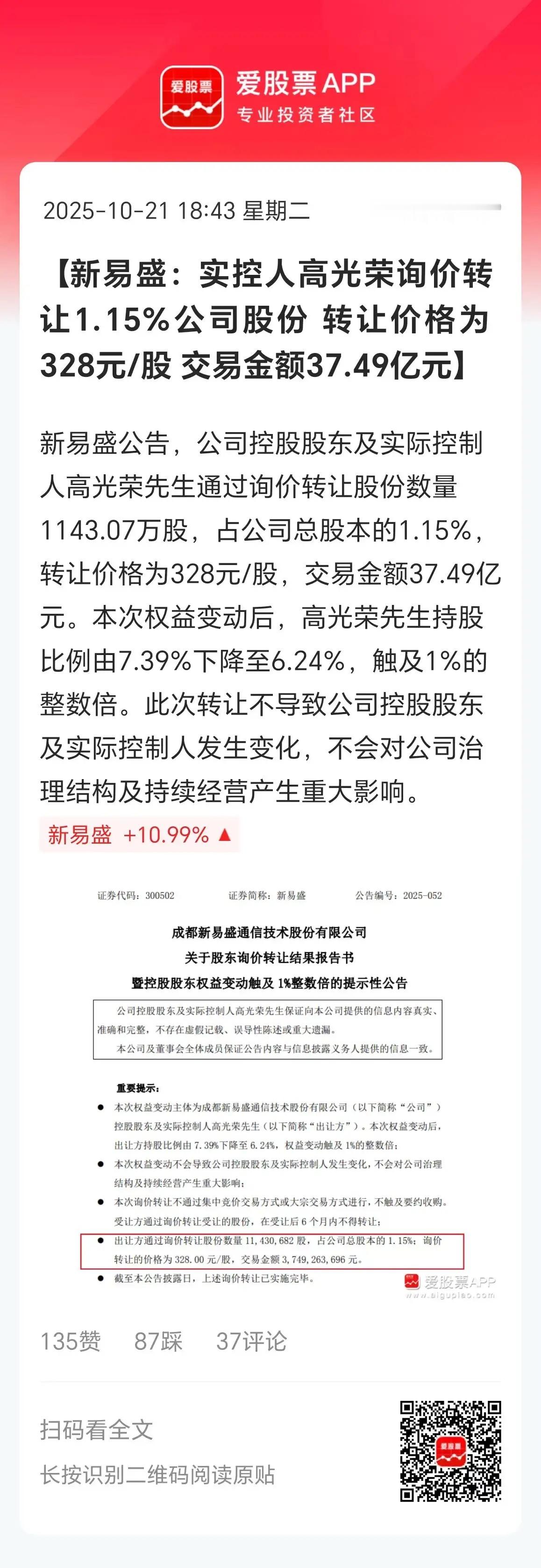 新易盛大股东询价转让让1.15%股份，差不多市值37亿元。现在减持不叫减持，都叫