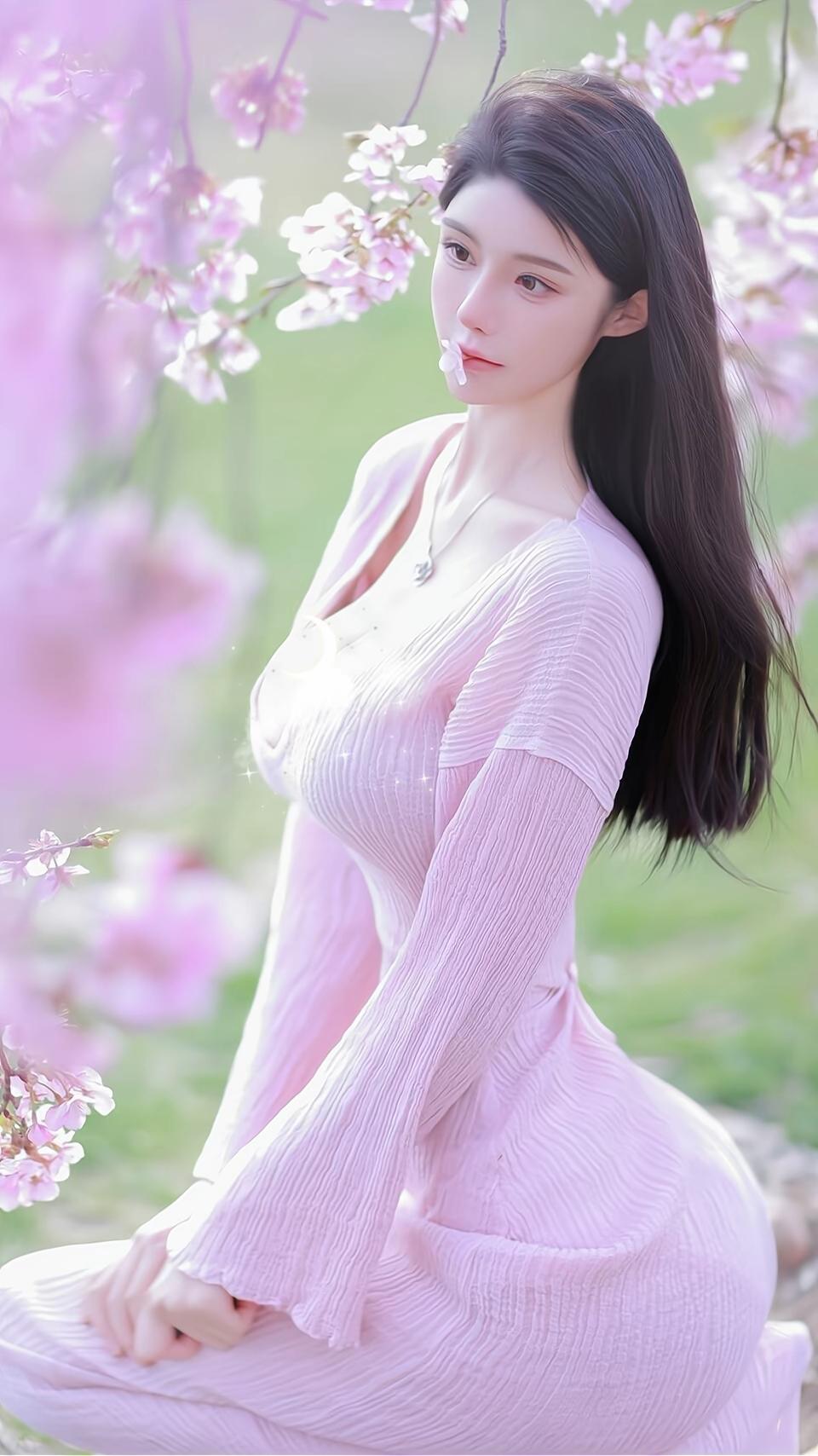 这组照片中的女子宛如春日里的樱花仙子，温柔又浪漫。
她身着一袭浅粉色褶皱长裙，宽