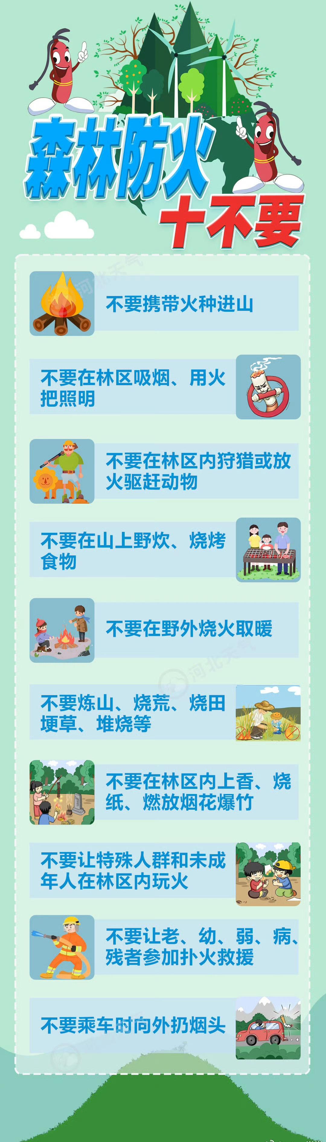 今日河北森林草原火险等级普遍较高！牢记【森林防火十不要】↓↓ 河北踏青出游勤补水