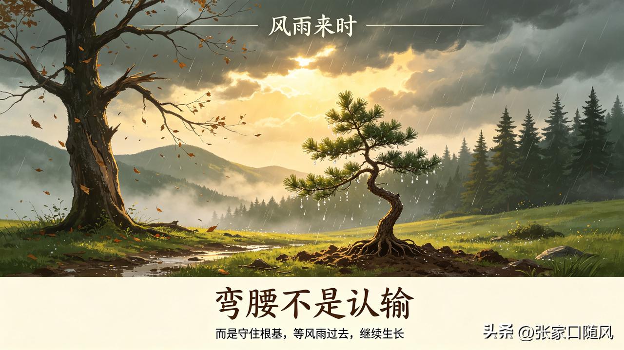 山里有棵小树，狂风来袭，大树拼命硬扛，枝断叶落；小树弯下腰身，风过之后，又稳稳站