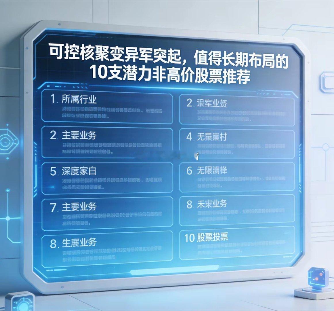 可控核聚变长期布局：10只低估值潜力股，抢占未来能源革命赛道可控核聚变作为终极清