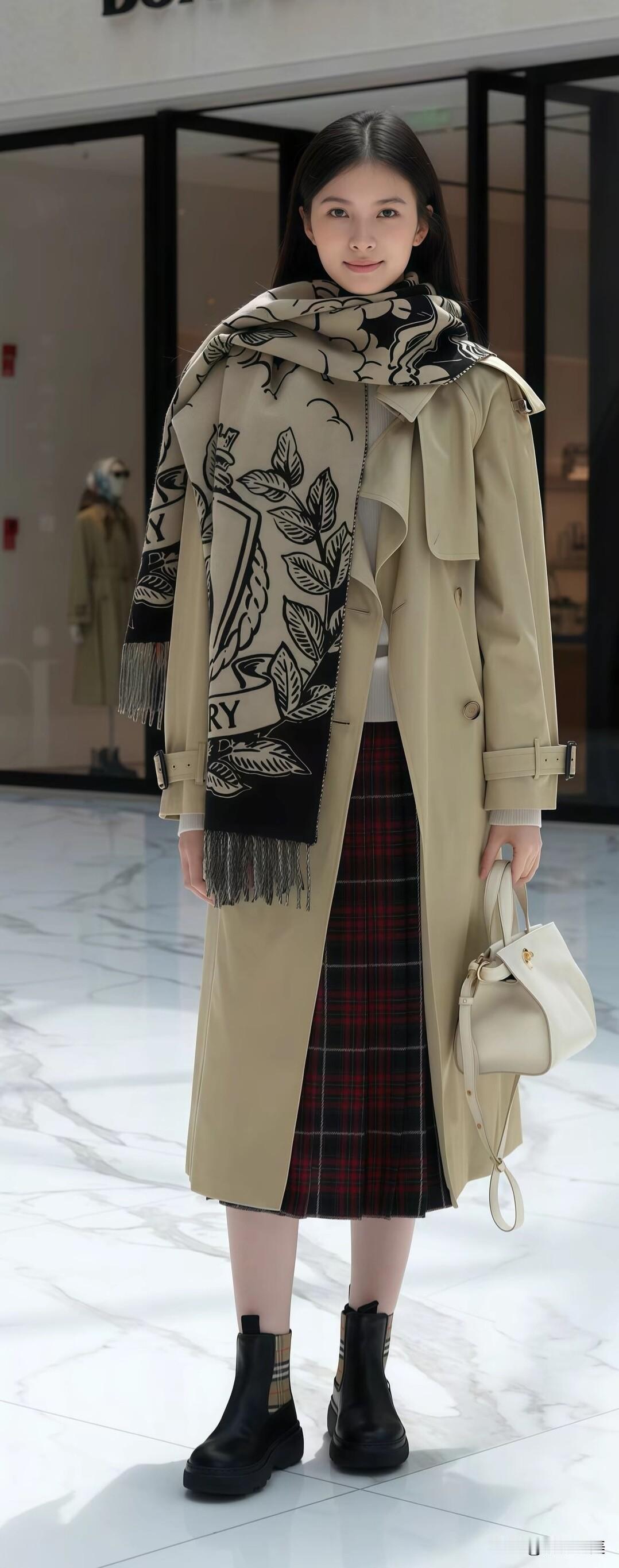 卡其色风衣搭配格纹半裙，印花围巾增添艺术感，黑靴与白包呼应，秋冬氛围感拉满～