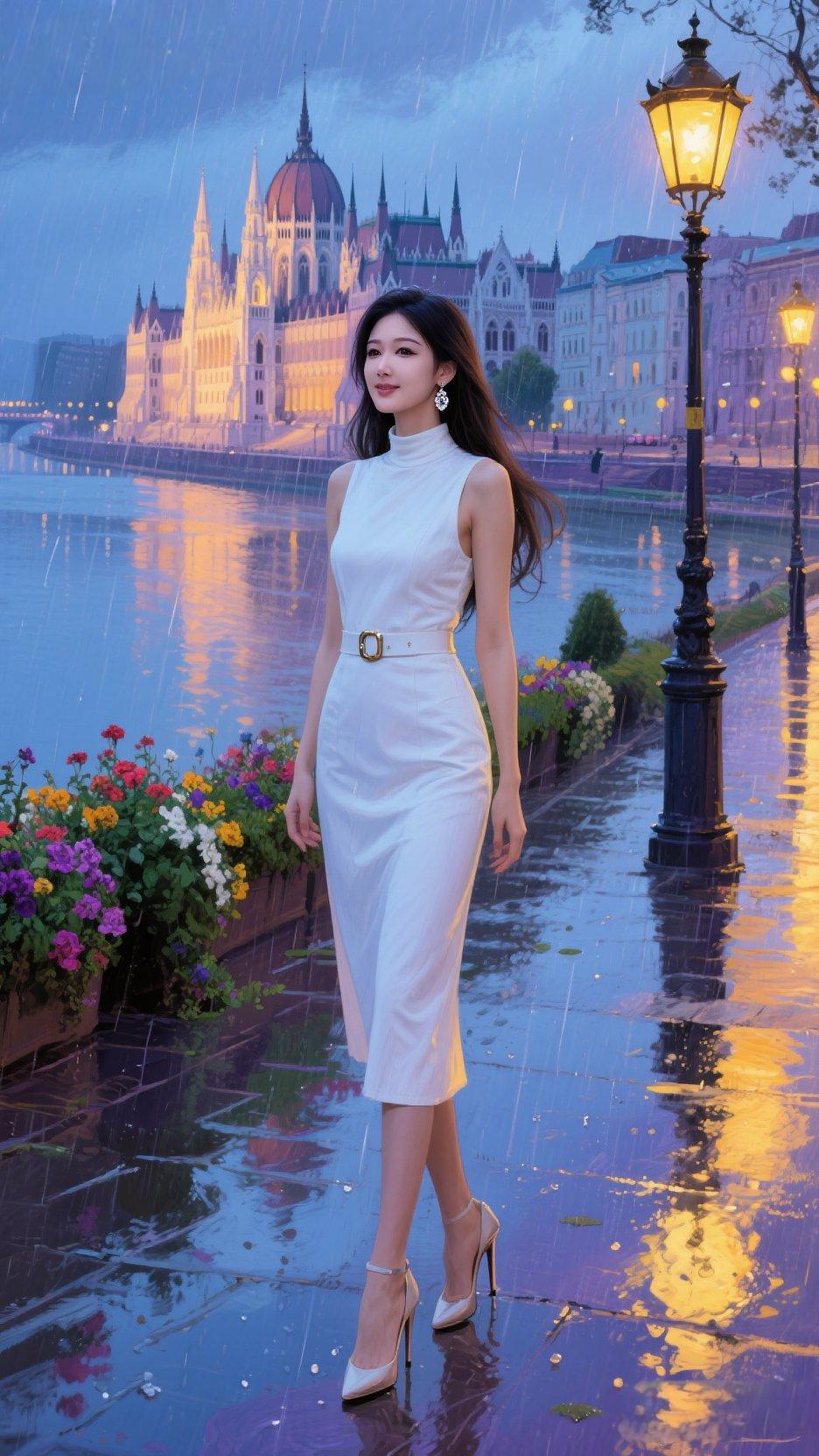 雨中漫步，优雅白裙，梦幻夜景，唯美如画
