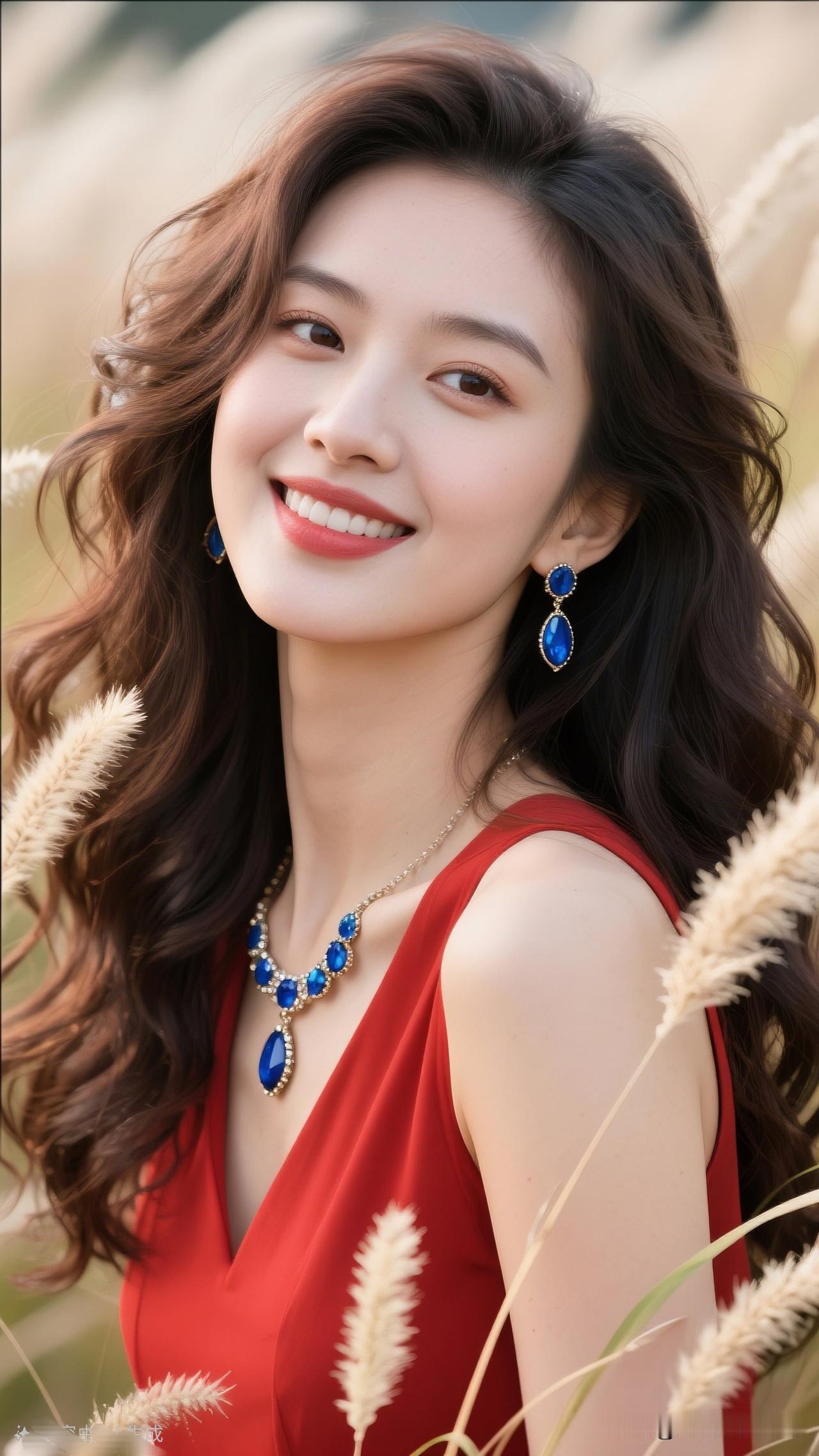 红衣美人笑，蓝宝石映芳华。看过哪些惊艳时光的美女？ 温柔微笑，蓝宝石耳环闪耀，红