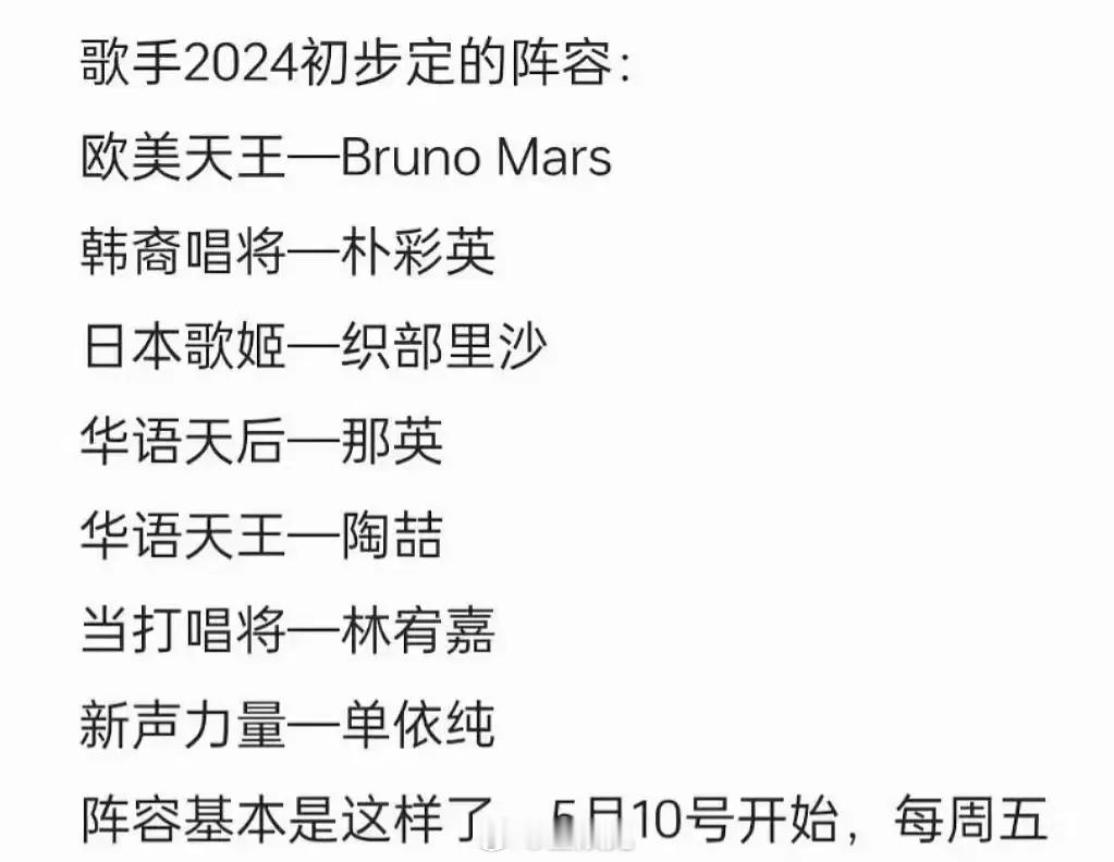 《歌手2024》官宣回归，你最期待谁？《歌手2024》初步拟定阵容拟邀请：陶喆、