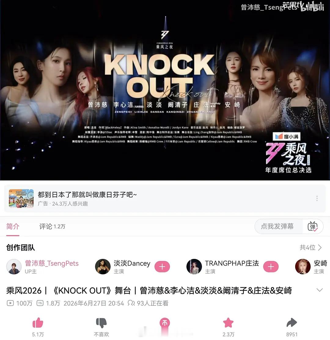 恭喜《knock out 》B站舞台播放量破100w➕，总决赛团秀唯一破百万的舞