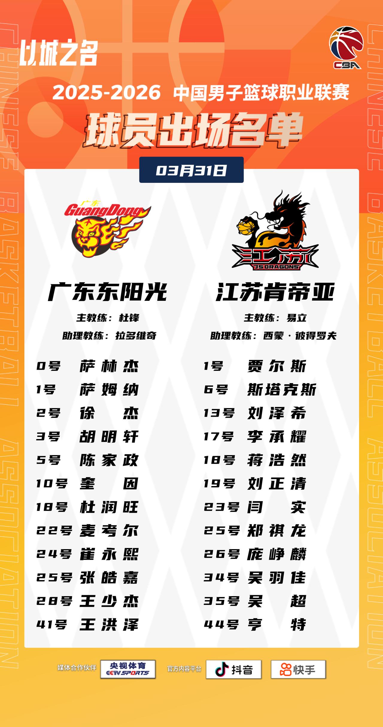 【大名单出炉】2025-2026赛季CBA联赛常规赛第三十三轮今晚开打，2场比赛