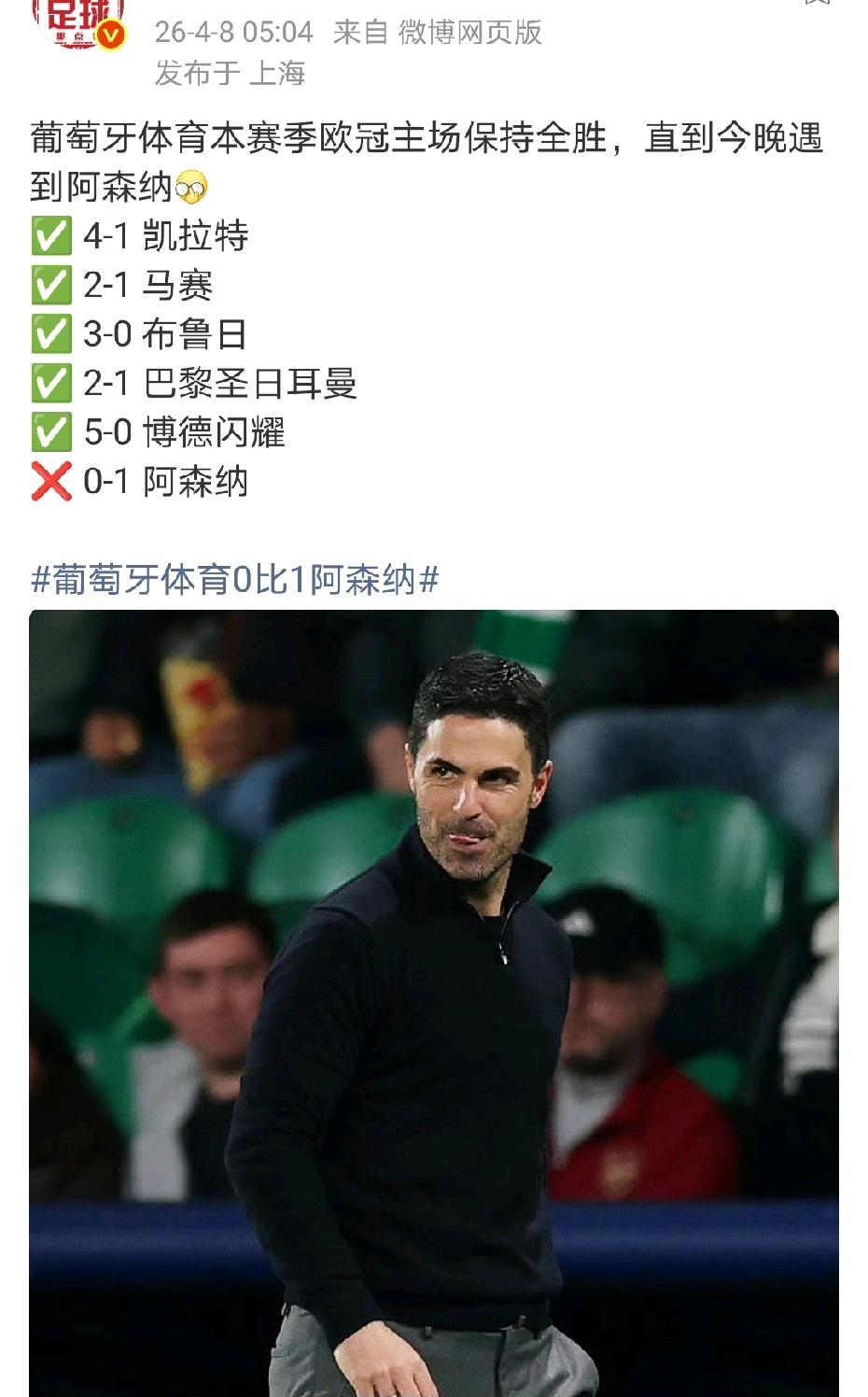 葡萄牙体育本赛季欧冠主场保持全胜，直到今晚遇到阿森纳。
阿森纳至今欧冠不败，小组