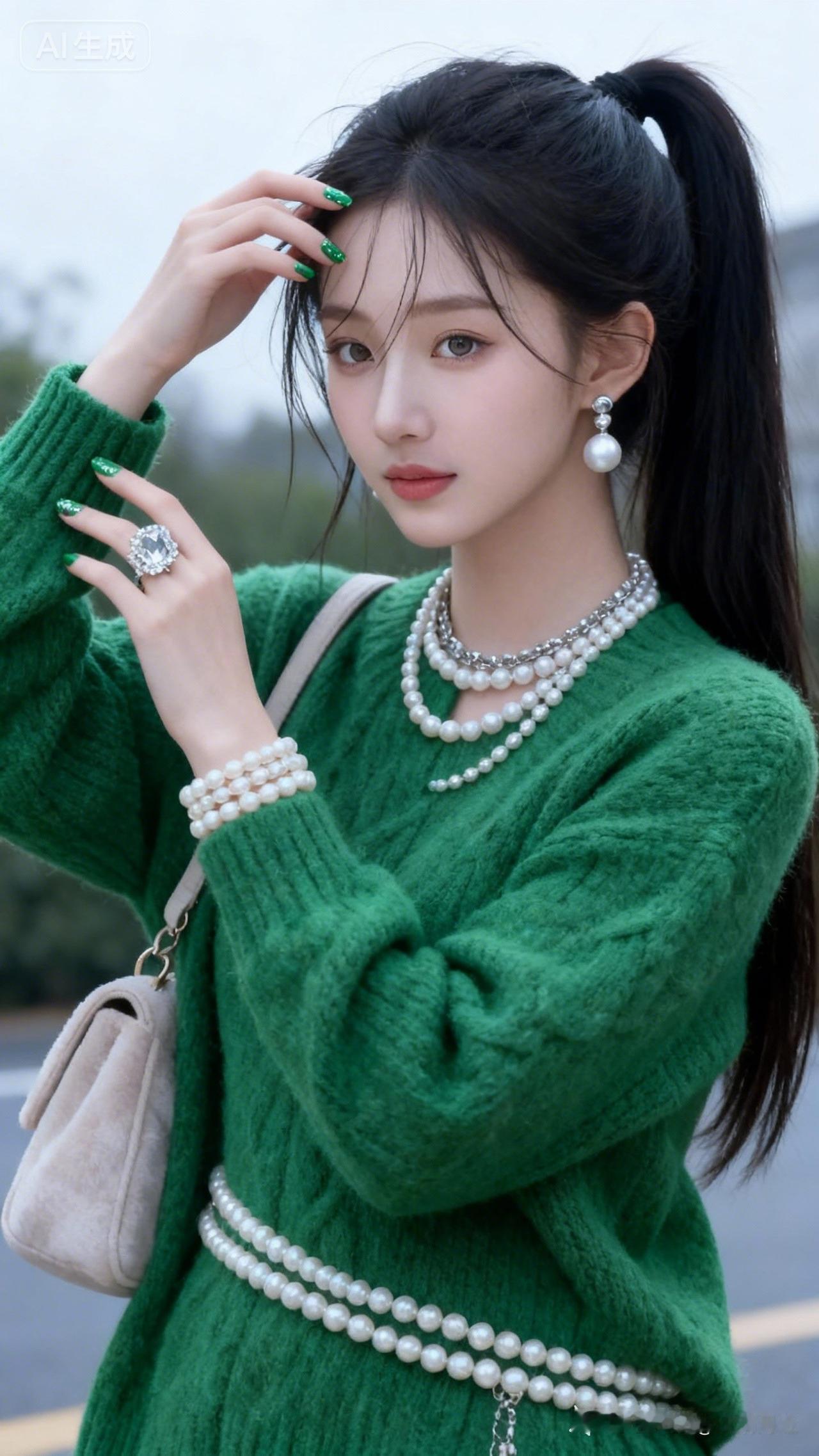 绿意盎然，珍珠点缀，时尚少女风