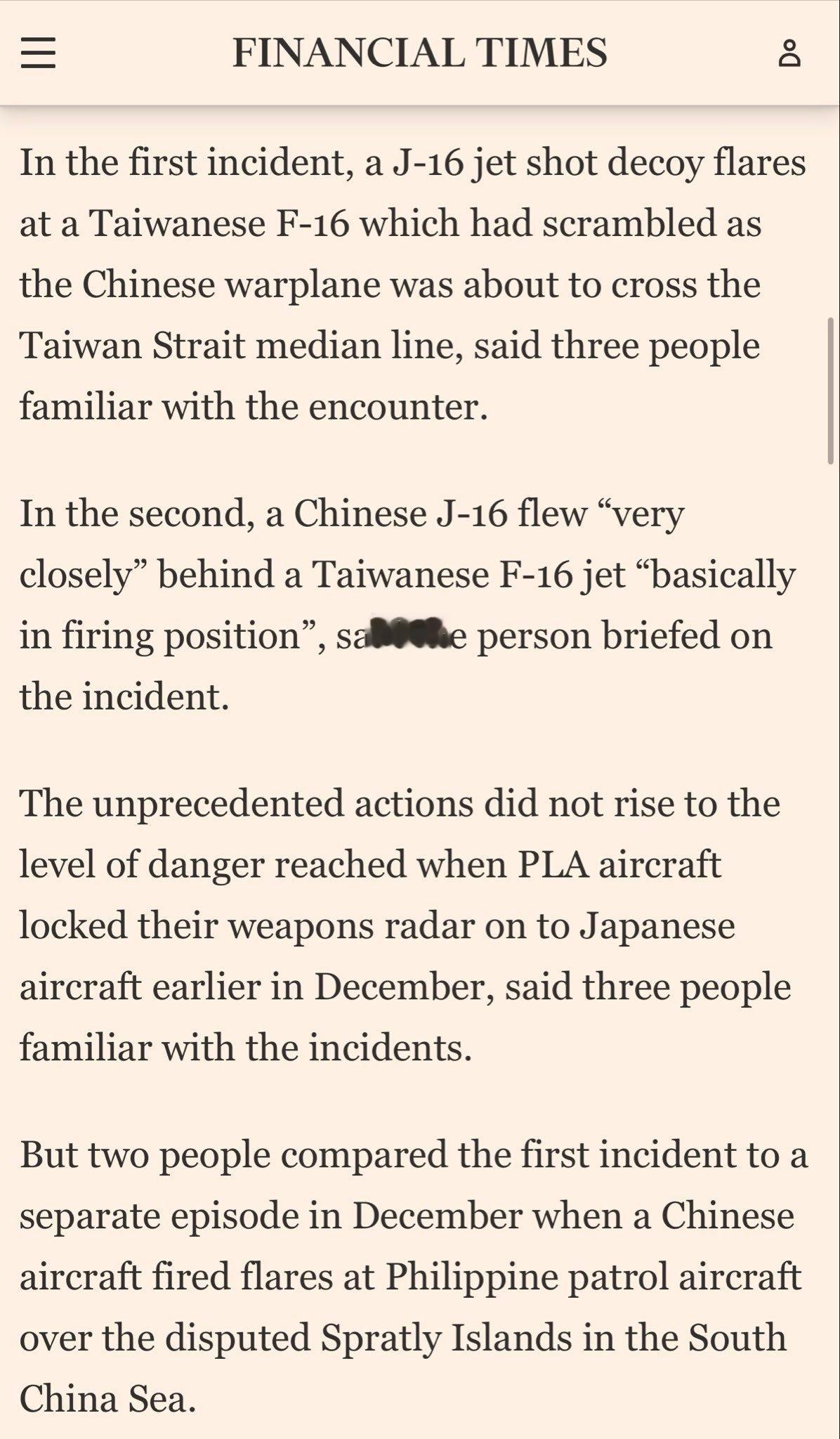 英国《金融时报》的美国作者和台湾作者联合发文，痛斥去年底的台海军演中J-16对F